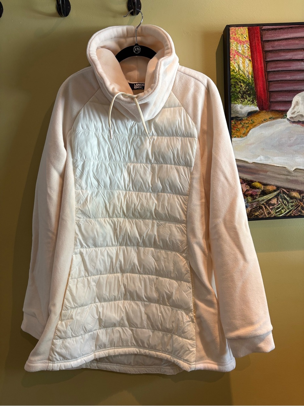 Ladies Lands End puffer and fleece pullover, XL, ivory